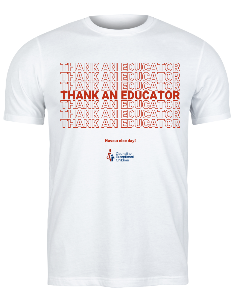 white tshirt with "thank an educator" repeating in red text stacked horizontally down the front of the shirt